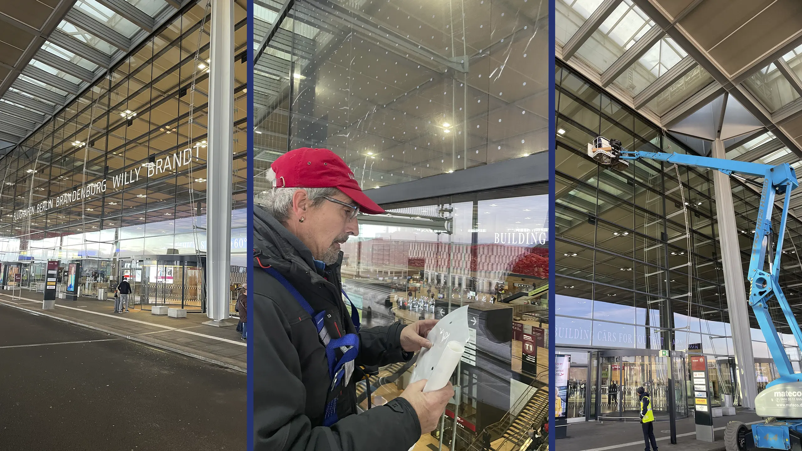 Vogelschutzfolie wir am Flughafen BER montiert